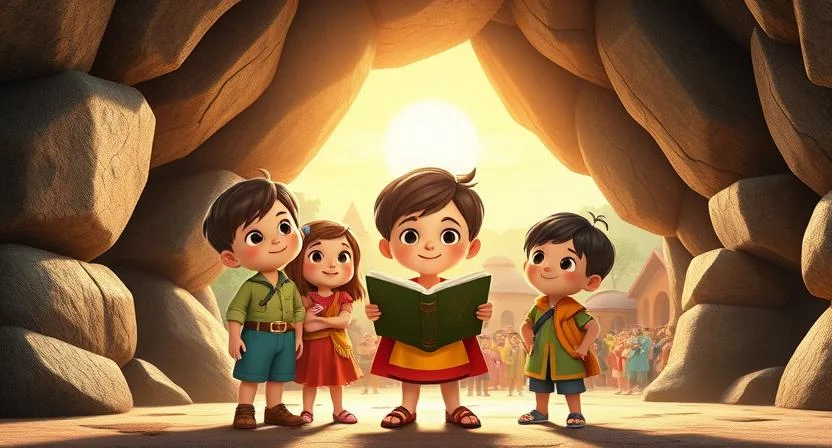 Three children stand at the entrance of a cave, holding an ancient book in their hands. The bright sunlight outside casts a warm glow, and in the distance, a village is visible with people eagerly listening to their story. The children have expressions of peace and fulfillment after their adventure.