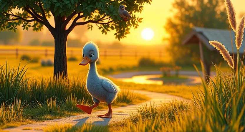 A lonely gray duckling walks away from a farmyard, looking sad as small birds in a tree whisper about him. In the distance, a small pond reflects the golden sunset, but the ducks there reject him. Surrounded by tall grass and reeds, he continues his journey, searching for a place to belong.