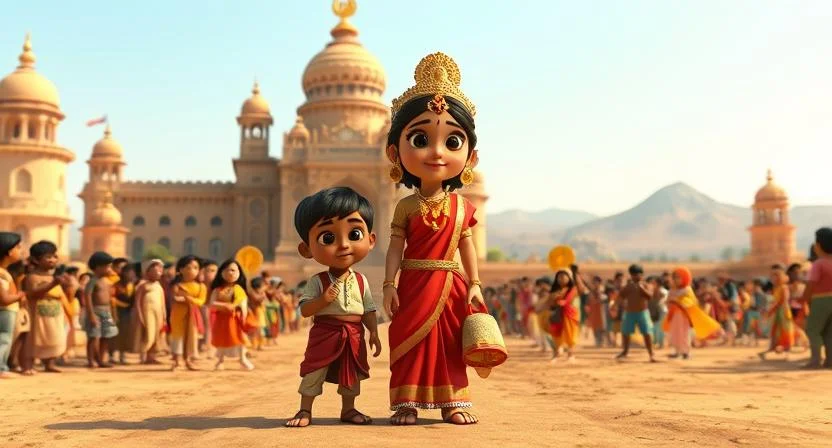 A drought-stricken South Indian kingdom, where worried villagers gather at the gates of a majestic palace. Queen Rudrama Devi, wearing traditional royal attire, stands confidently, addressing the crowd with authority. Beside her, a determined young boy, Veeru, clutches a small bag. The dry landscape and distant hills under a clear sky add to the atmosphere of hardship and hope.