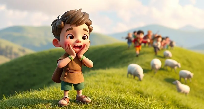 A young shepherd boy stands on a green hill, cupping his hands around his mouth and shouting. In the distance, a group of villagers with worried expressions are running up the hill, carrying sticks and tools. The sheep are grazing nearby, oblivious to the commotion. The boy has a playful grin, clearly enjoying his trick.