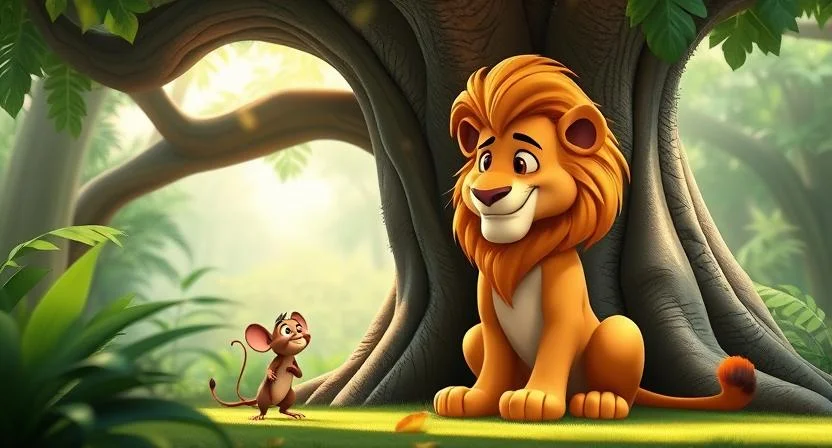 A powerful lion with a golden mane sits under a large jungle tree, towering over a tiny brown mouse trapped under his paw. The mouse gazes up in fear but speaks bravely, while the lion smirks with amusement. The lush jungle surrounds them, with sunlight filtering through the trees above.