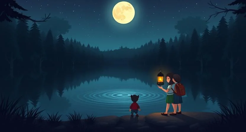 A moonlit lake surrounded by dark, dense trees. The water is perfectly still, with a single ripple forming in the center. Three friends stand on the lake’s edge, holding a lantern and looking into the mysterious waters.