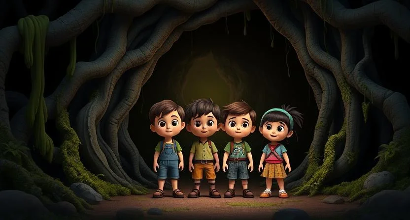 A group of three children—two boys and one girl—stand at the entrance of a dark, mysterious cave surrounded by thick trees, vines, and moss. A faint glowing light emanates from inside the cave, casting an eerie ambiance. The dense forest around them adds to the sense of mystery and adventure.