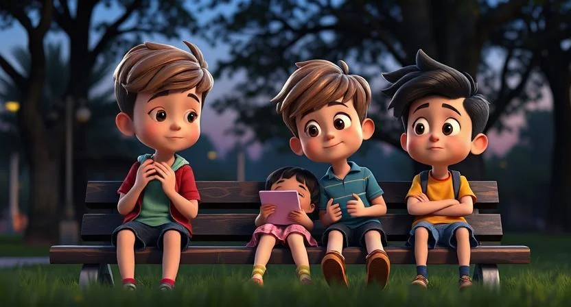 A group of three children (two boys and one girl) in a park at dusk, sitting on a bench, discussing a mystery about disappearing books. The girl is thoughtful and holding a notepad, the boy on the left is rubbing his hands together as he talks about an idea, and the boy on the right is wide-eyed with curiosity. The background shows trees, and the sky is turning dark. There’s a feeling of excitement and mystery, with subtle hints of a library and books in the distance.