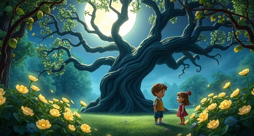 "A moonlit garden bathed in magical light, filled with glowing flowers and tall trees with shimmering leaves. Three children—a girl, a boy, and another girl—stand in awe, gazing at the enchanting surroundings. At the center, an ancient tree with twisted roots and branches casts long, eerie shadows, adding to the garden’s mysterious allure.