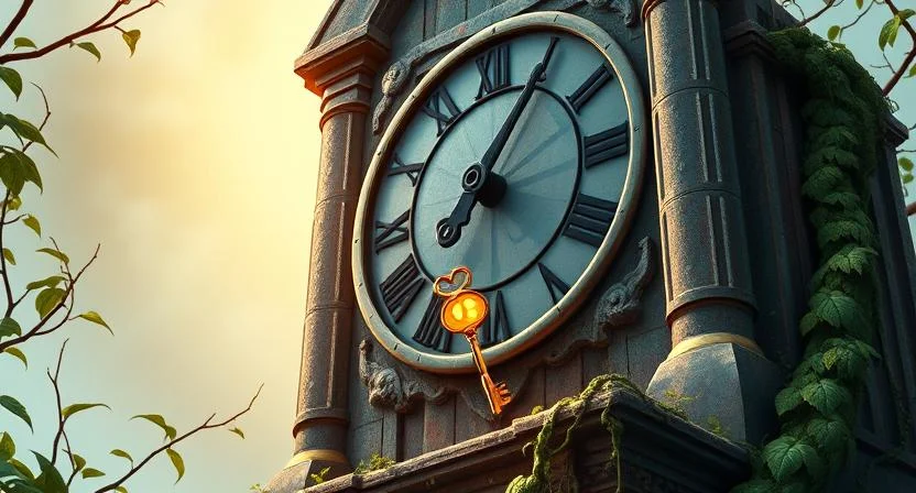 A mysterious, dusty clock tower with giant frozen clock hands, surrounded by overgrown vines. Inside, glowing golden light shines from a key suspended mid-air, with faint, magical whispers filling the air.