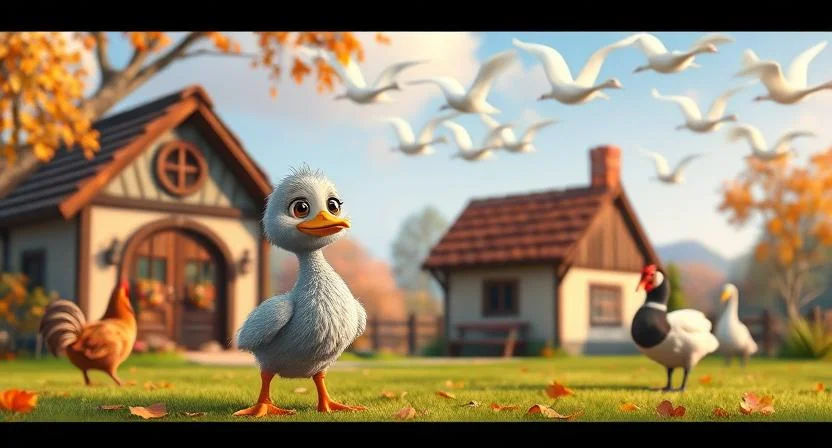 A lonely gray duckling stands outside a small cottage, looking sad as a cat and a hen mock him. Autumn leaves fall from trees, and in the distance, a flock of white swans flies through the sky. The duckling watches them longingly, feeling out of place and alone.