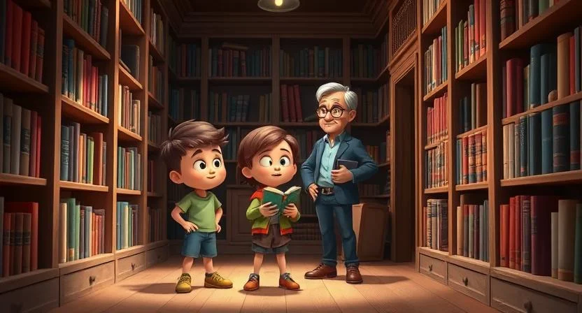 A cozy, old library with tall bookshelves, wooden floors, and an air of mystery. A group of three kids (two boys and one girl) are inside, looking through the bookshelves. The girl is holding a misplaced book, and the two boys are discussing something while looking around. In the background, an older librarian with silver hair is watching them with a concerned expression. There is a sense of adventure, with shadows playing in the corners of the room.