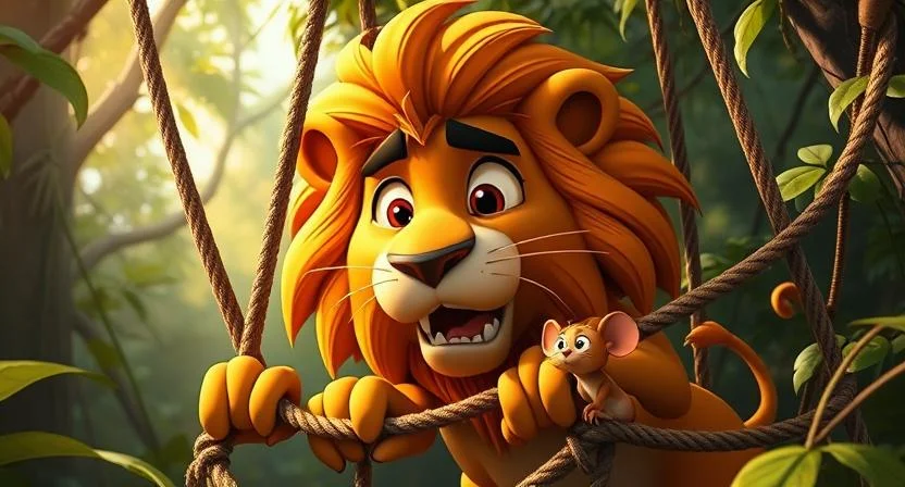 A mighty lion with a golden mane struggles to escape a hunter's net, thick ropes trapping him down. His eyes are filled with frustration and fear. Nearby, a small brown mouse looks up at him with determination, ready to help. The dense jungle is surrounded by trees and vines, and sunlight casts dramatic shadows over the scene.