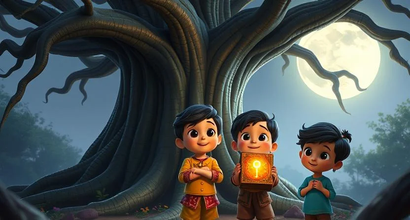 Three children stand before an ancient tree, their faces illuminated by the soft glow of an ornate box that Meera holds up. The tree’s twisted roots and shimmering branches seem alive with magic. The full moon casts a silvery light over the scene, and inside the box, a faintly glowing key is visible, hinting at the next step in their adventure.