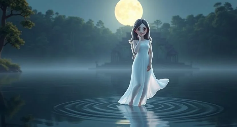 A ghostly figure of a woman rising from a moonlit lake, her translucent form shimmering in the soft glow. Behind her, the dense forest reflects eerily on the water, and in the far distance, a crumbling temple is faintly visible through the trees.