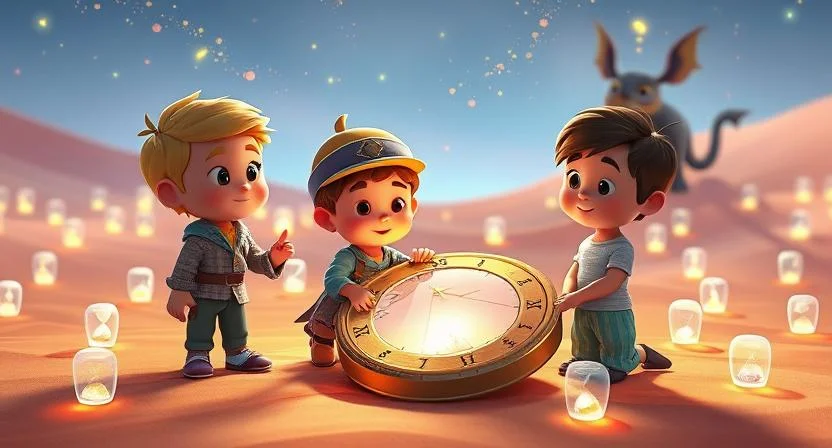 A glowing desert filled with shimmering hourglasses, with the children piecing together a broken sundial while a magical creature watches from the background.