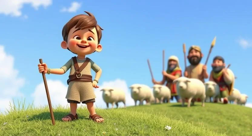 A mischievous young shepherd boy stands on a grassy hill, laughing as a group of villagers arrive looking tired and frustrated. The villagers carry sticks and farming tools, their faces showing anger and disappointment. The sheep continue to graze peacefully, while the sky remains bright and clear, with no danger in sight.