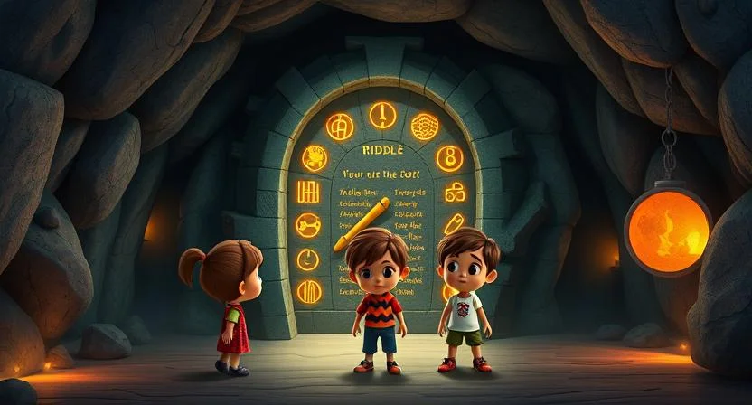 Three children stand in front of an ancient stone door inside a dark cave. The door is covered with glowing symbols and a riddle carved into the stone. Dim, eerie lights flicker on the cave walls as the children look puzzled yet intrigued by the mysterious markings.