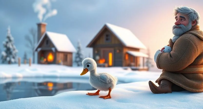 A weak, gray duckling lies in the snow near a frozen pond. A kind farmer, wearing a warm coat, gently picks him up with caring hands. In the background, a small farmhouse with smoke rising from the chimney stands, with a cozy fireplace glowing inside, offering warmth and safety from the harsh winter.