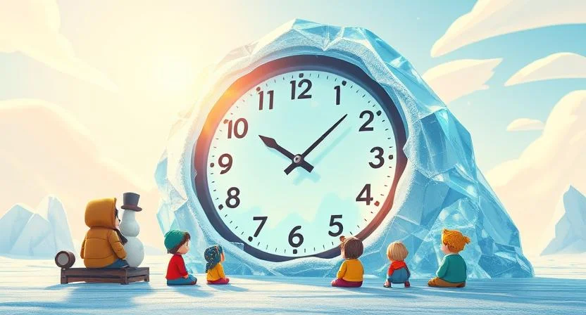 A massive clock encased in glistening ice, with the sun shining above and the children sitting patiently, waiting for the ice to melt.
