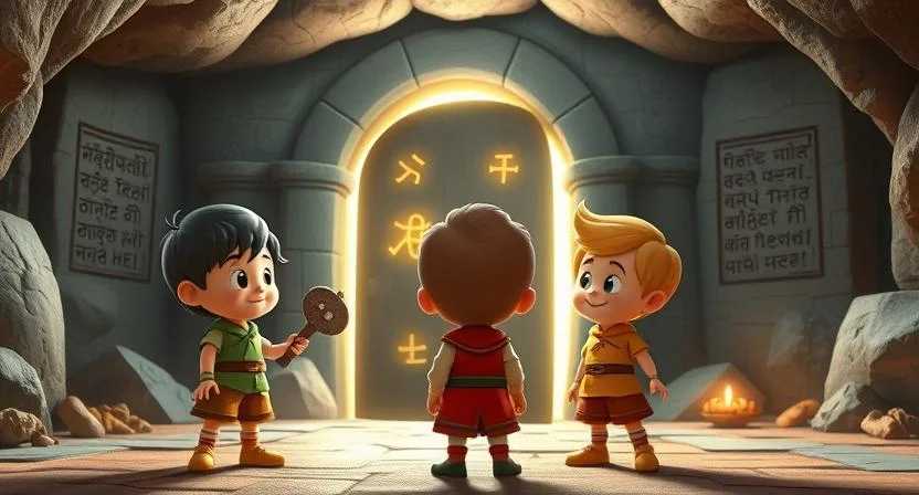 Three children stand before an ancient stone door that has just opened, revealing a bright, glowing light. One child holds a stone key while the other two examine the glowing symbols on the door. Behind them, a cave chamber filled with ancient treasures and an inscription on the wall adds to the sense of discovery.