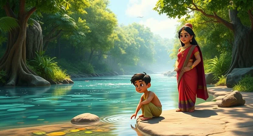 A hidden river flows through a lush, green forest, shimmering under the sunlight. Queen Rudrama Devi and Veeru stand on the riverbank, their faces filled with amazement. Veeru kneels to touch the cool water, while Queen Rudrama watches with a proud smile. In the background, trees sway gently, and birds soar in the sky, creating a scene of newfound hope.