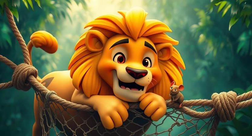 A mighty lion with a golden mane lies trapped in a hunter’s net, while a small brown mouse gnaws through thick ropes with determination. The net is starting to break, and sunlight filters through the dense jungle, casting a glow on the brave mouse working hard to free the lion.