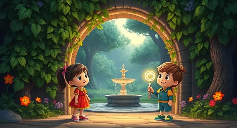 Three children stand before an ivy-covered archway, holding a glowing silver key. As they step through, a hidden magical garden is revealed, filled with ancient trees, glowing flowers, and a shimmering stone fountain at the center. A soft, melodic tune fills the air, and the moonlight bathes the scene in an ethereal glow, making everything appear enchanted.