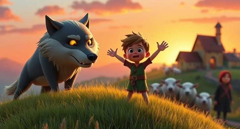 A young shepherd boy stands on a grassy hill at sunset, his face filled with fear as he watches a large wolf with glowing eyes creeping toward his sheep. He waves his arms and shouts, but the villagers in the distance appear uninterested, ignoring him. The sky is turning orange, adding a sense of tension to the scene.