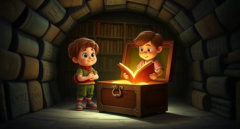 A dark, hidden passage beneath the library, lit by a faint glowing light coming from the floor. Three children are standing in awe, looking at a large wooden chest that contains glowing, strange books. The walls of the passage are lined with old, dusty books, and there is a sense of mystery and adventure in the air. One child is carefully opening the chest, revealing books with glowing, strange symbols on their pages. The atmosphere is secretive and exciting