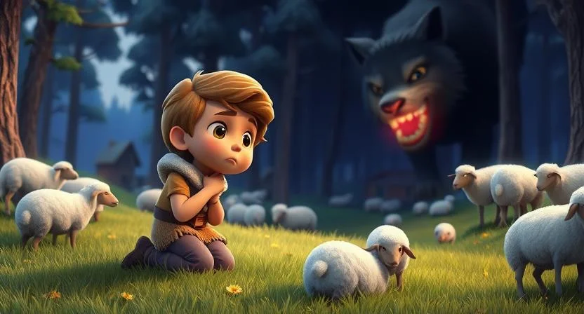 A young shepherd boy kneels on the grass, crying as he watches a large wolf disappearing into the dark forest with some of his sheep. The remaining sheep are scattered, frightened and confused. The boy looks regretful and sad, realizing the consequences of his actions, while the village can be seen in the distance, with no one coming to help.