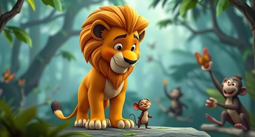 A mighty lion with a golden mane stands tall, finally free from the hunter's net, and looks down at a small brown mouse with admiration. The jungle is alive with birds chirping and monkeys cheering, and the lion lowers his head warmly toward the mouse, acknowledging their newfound friendship.