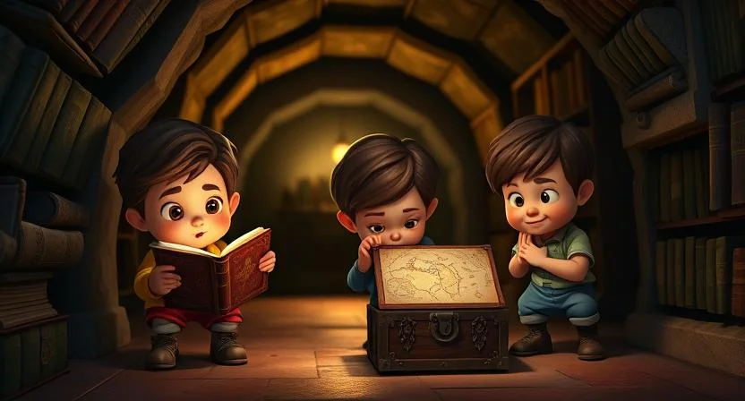 Three children hiding in a dark, mysterious passage under the library, with a glowing chest in the background. One child is holding a book with golden symbols that change when touched. Another child is peering over a map in the chest's lid, while the third is nervously listening to footsteps above. The room is dimly lit with an air of suspense, and the passage is filled with shadows, old books, and an atmosphere of secrecy.