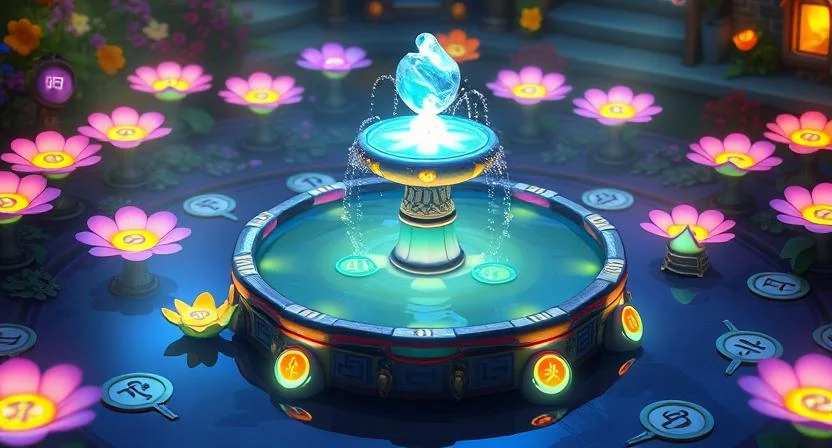 A magical fountain sits at the center of the Midnight Garden, surrounded by glowing flowers with mysterious symbols on their petals. As the symbols are pressed in a specific order, the water glows brightly, creating a dazzling display of colors and light. A soft, melodic hum fills the air, and a mystical message appears in the water, revealing a hidden truth to those pure of heart.