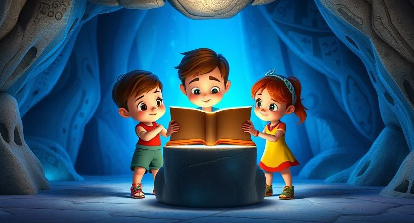 A group of three children stands around a glowing stone pedestal inside a cave, with an ancient book resting on top. The cave is softly illuminated by a mystical blue light, and the walls are adorned with intricate carvings and paintings. The children read the open book with expressions of awe and wonder.