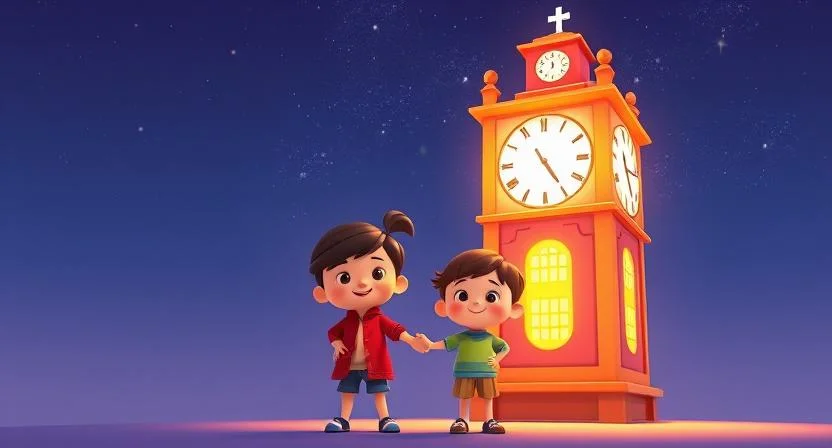 The clock tower glowing brightly under a starry sky, its clock hands moving once more, while the children stand proudly in front of it, smiling and holding hands.