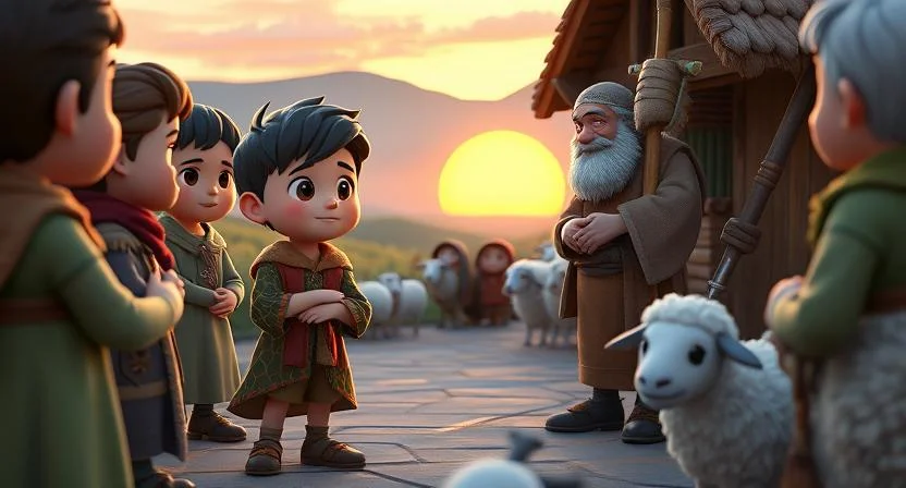 A young shepherd boy stands in the village square, looking regretful as he speaks to the villagers. The villagers listen with kind but serious expressions. An older shepherd places a reassuring hand on the boy's shoulder. In the background, some villagers are helping to gather the lost sheep, while the sun sets behind the hills, symbolizing the start of a new beginning.