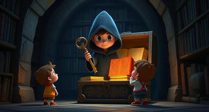 A mysterious hooded figure standing in front of an open chest filled with glowing books. The figure holds an ancient key, and the three children are standing in the dark passage, looking at the figure with a mix of curiosity and caution. The atmosphere is tense, with the dim light casting long shadows, and the books glowing faintly. The library’s ancient, hidden passages are filled with mystery and secrets, hinting at something much greater waiting to be discovered.