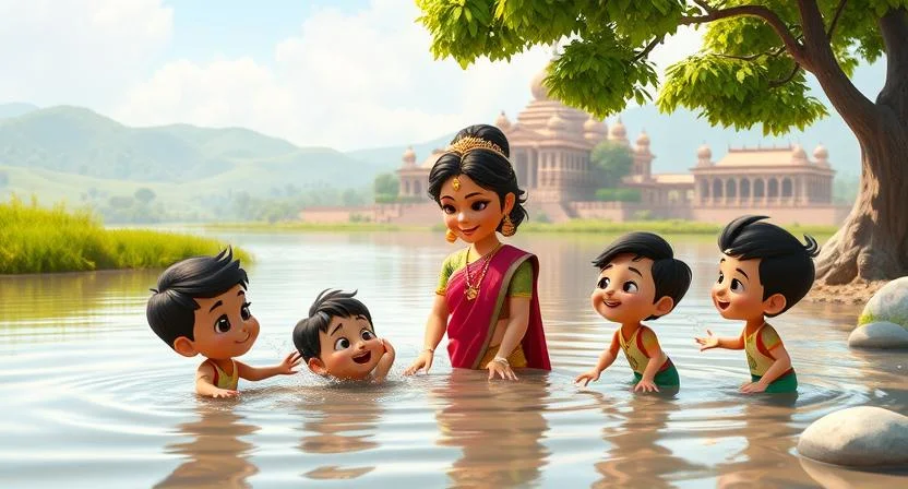 A peaceful riverside scene, where children laugh and play in the water, their joy filling the air. Queen Rudrama Devi watches them with a warm smile, as the river flows calmly in the background. Lush fields stretch into the distance, while a grand temple beside the river stands as a tribute to the queen’s enduring legacy. The sun shines brightly overhead, illuminating the scene with warmth and serenity.