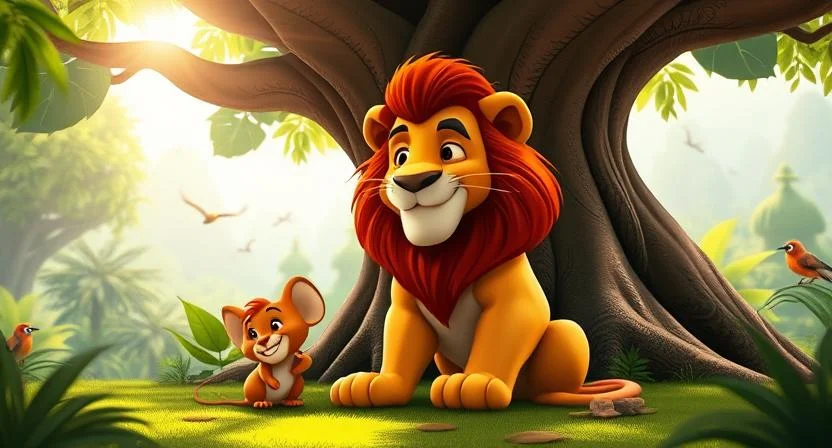 A mighty lion and a small brown mouse sit together peacefully under a large jungle tree, looking at each other as friends. The jungle is calm, with birds flying and animals watching happily. The lion wears a wise, kind expression, while the mouse looks proud and content. Sunlight filters through the trees, symbolizing their strong bond and the lesson they’ve learned together.