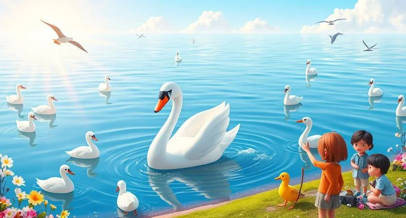 A magnificent white swan glides gracefully across a sparkling lake, surrounded by other swans. Birds and ducks on the shore watch in awe, while children playing nearby point at the swan with delight. The scene is bright and peaceful, with blooming flowers, clear blue skies, and the warm glow of the sun reflecting on the water.