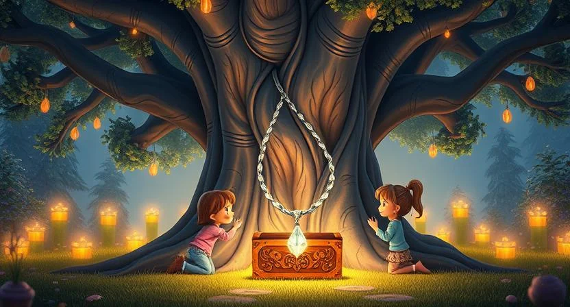 A majestic tree stands at the heart of the Midnight Garden, its bark glowing and silver leaves shimmering under the moonlight. At its base, a small wooden chest with intricate carvings is surrounded by soft, golden light. Three children kneel beside it, discovering a glowing silver necklace with a crystal pendant inside. The air is filled with a sense of wonder, magic, and peace.