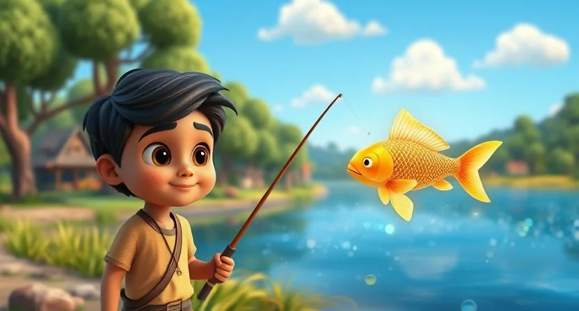 A peaceful village by a sparkling blue lake surrounded by lush greenery. A young boy named Ravi, with dark hair and a curious expression, stands near the lake holding a fishing rod. A magical golden fish with shimmering scales swims gracefully in the water, glowing softly. The sky is clear with a few fluffy clouds, creating a serene, whimsical atmosphere filled with wonder and magic.