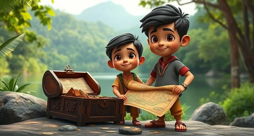 Three children—Aaditya, Ananya, and Vikram—stand by the riverbank, holding an ancient map. Nearby, an open chest reveals old coins and colorful beads. The backdrop features the lush greenery of the Deccan forest, with distant mountains shrouded in mist, adding an air of mystery and adventure to their discovery.