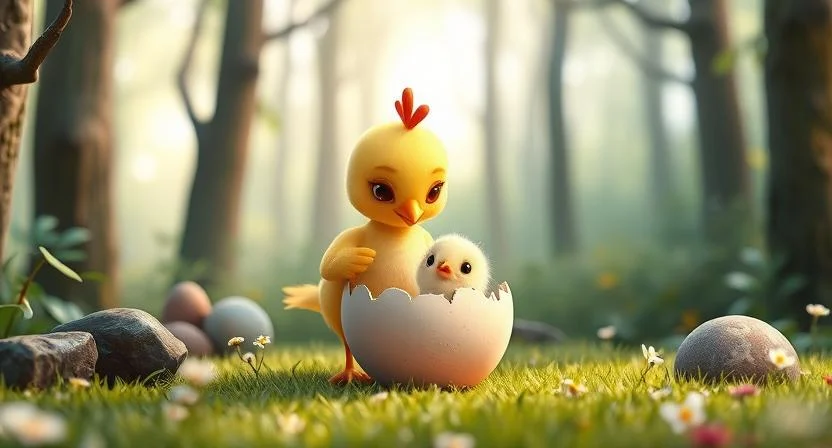 A small bird gently looking after a chicken egg, set in a peaceful forest. The egg hatches, revealing a tiny, fluffy chick. The bird is standing next to it, showing care and warmth. The forest is calm, with soft light filtering through the trees, and small flowers and grass surround the area. The scene conveys a sense of harmony and nurturing. (Moral Stories in Telugu)