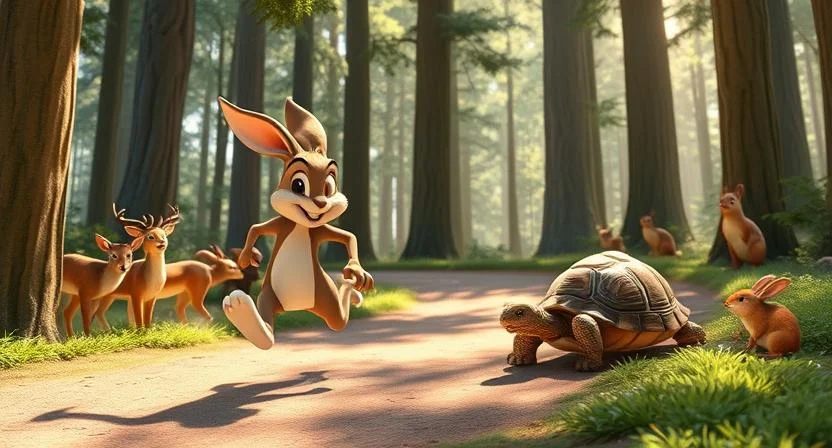 The race has begun! The confident hare speeds ahead, kicking up dust as he dashes along the forest path, glancing back with a laugh. The tortoise remains calm and focused, steadily walking on the path, undeterred. Forest animals cheer for the hare while others watch the tortoise with curiosity. Sunlight filters through the trees, casting playful shadows, while a breeze rustles the leaves. The scene captures the contrast between the hare's speed and the tortoise’s patient determination.