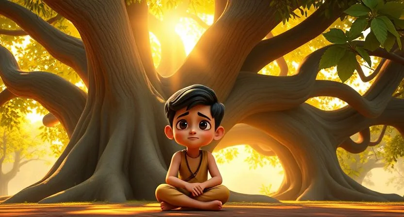 Arjun, a young boy with a thoughtful expression, sits beneath the towering banyan tree, his posture slightly slouched as he contemplates something deep. His eyes reflect a hint of sadness, as if seeking answers. The banyan tree stands tall behind him, its protective branches swaying gently in the breeze. Dappled golden sunlight filters through the dense canopy, casting a peaceful pattern on the ground, while the atmosphere remains serene with a quiet sense of wonder.