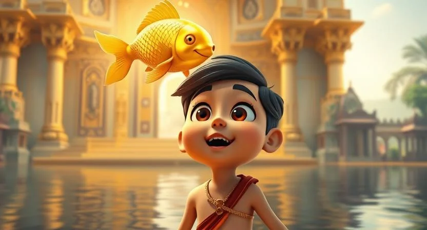 Ravi, a young boy with wide, awe-struck eyes, stands in front of a magnificent mansion made of gold and treasure. He gazes up in amazement at the gleaming walls and sparkling jewels, his mouth slightly open. Above him, a magical golden fish hovers, its glowing scales radiating ethereal light. The distant village fades in the background, bathed in soft sunlight, evoking a sense of wonder, choice, and enchantment