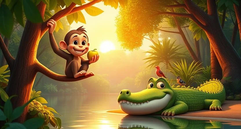 In a lush forest near a flowing river, the monkey happily hands a juicy fruit to the crocodile, who appears uneasy and reluctant to accept the gift. The crocodile’s body is turned slightly, showing hesitation. In the background, the crocodile’s wife lurks among the tall grass near the riverbank, watching with a scheming expression. The vibrant greenery and the calm river contrast with the tension in the air, as the monkey remains cheerful and unaware of the crocodile’s discomfort.