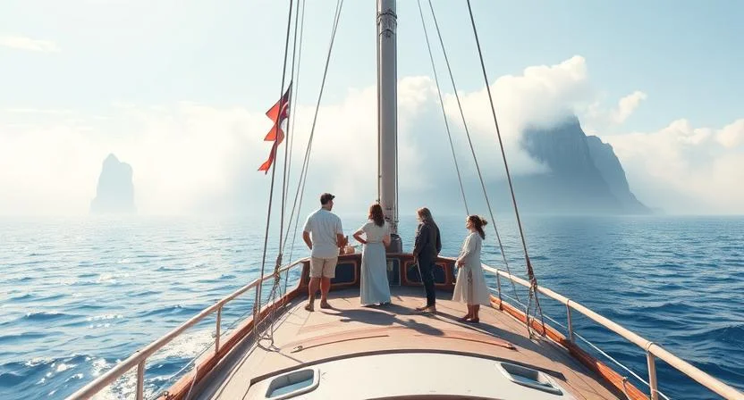 A ship, Starlight Voyager, sails through calm seas under a bright, sunny sky. In the distance, a strange fog rolls in, wrapping the ship in a thick, white mist. The crew—Captain Mia, Liam the navigator, and Ella the scientist—stand on deck, looking concerned as they prepare for the unknown. The scene captures the moment before a storm strikes, with the island just beginning to appear in the distance, looming like a mysterious, hidden land.