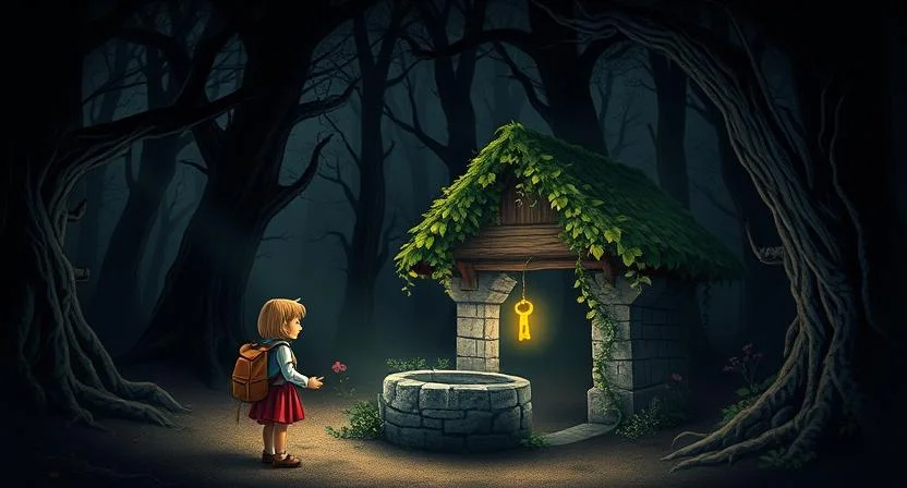 Three friends, Lily, Sam, and Charlie, stand near an old, vine-covered stone well in the heart of a dark, misty forest. The forest is eerily silent, with thick trees casting deep shadows. Lily, the curious girl, holds up a glowing, ancient key she just pulled from the well, while Sam and Charlie look on in apprehension. The air is thick with mystery, and a faint, eerie glow radiates from the depths of the well. The scene captures the suspense of the moment as the friends prepare to uncover the secret of the Haunted Forest.