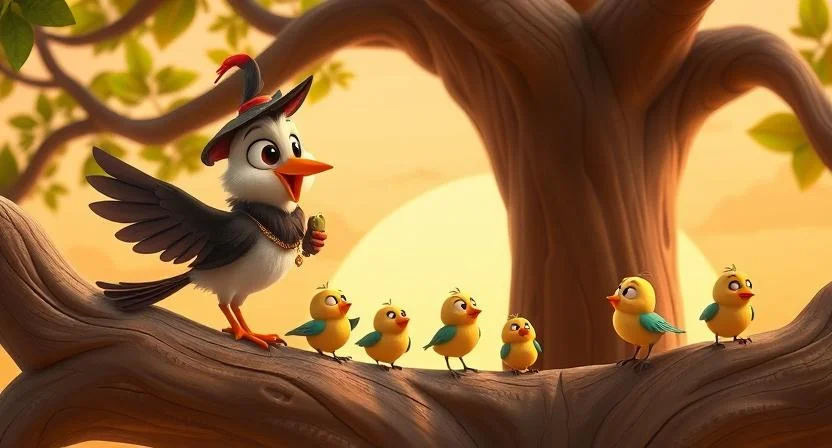 A wise bird named Seetha teaching small, weak baby birds how to gather seeds and fly on a large, old tree. The background has a warm, golden sunset, and the birds are happily learning under the guidance of Seetha. The atmosphere is peaceful and filled with a sense of community and growth.
