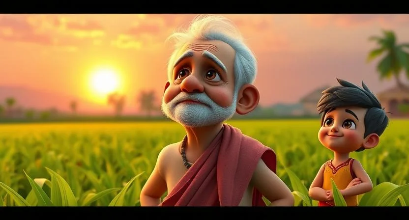 An elderly farmer named Gopalam, with a gentle face, standing in a field, looking at the sky with a hopeful expression. Nearby, a young boy named Arjun is smiling at him, offering encouragement. The scene is set in a village with a beautiful sunset in the background. The field around them is lush and green, symbolizing new beginnings and hope.
