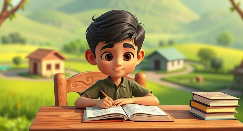 A young boy named Ramu, sitting at a desk, studying hard with books and papers spread out in front of him. There’s a sense of determination on his face. In the background, a village with a small school building and green fields can be seen. The atmosphere is peaceful and hopeful, symbolizing perseverance and hard work.